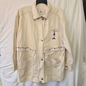 Vintage Christopher & Banks Long Canvas Jacket Birdhouse Floral Embroidery Cream